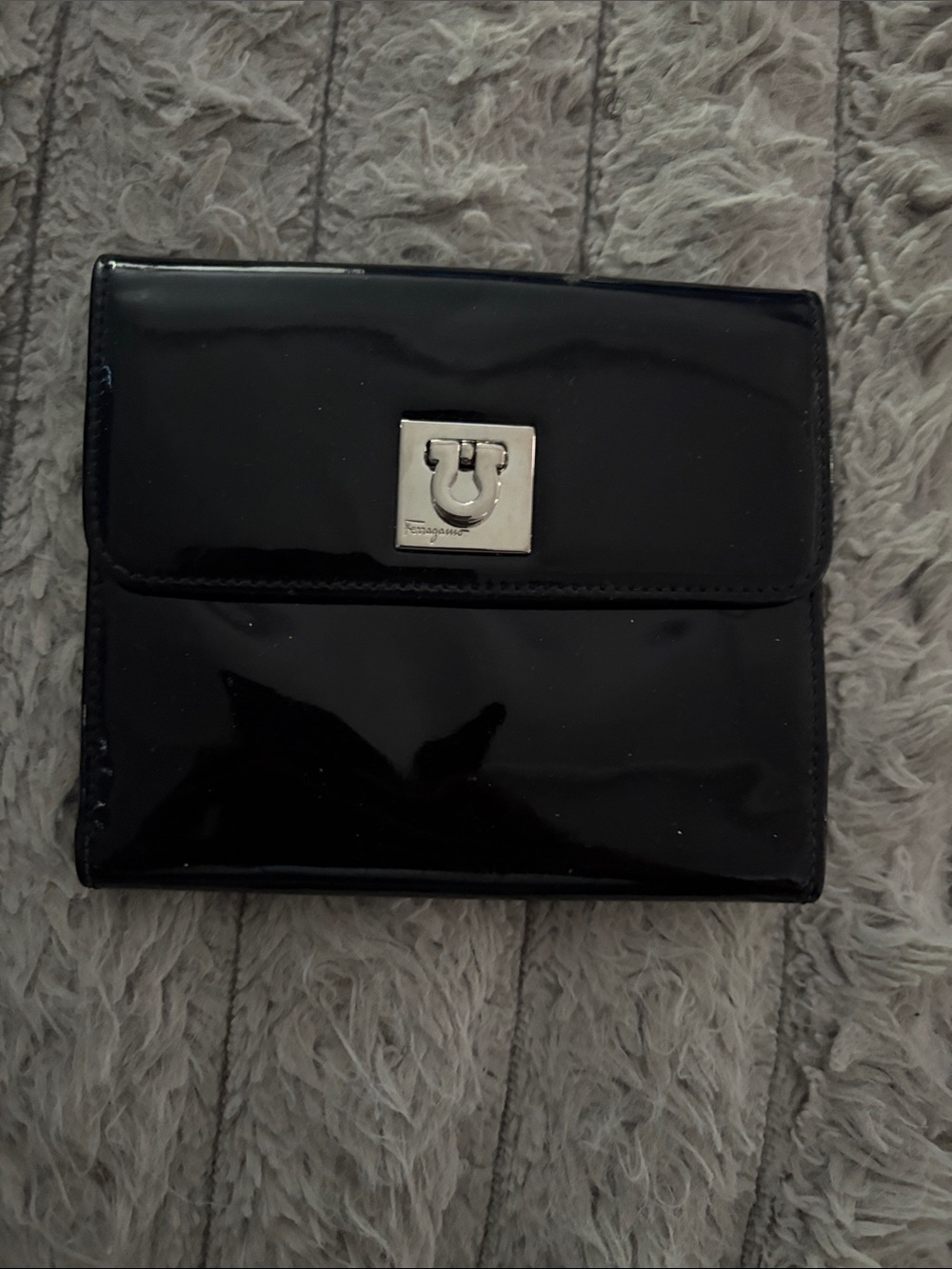 Salvatore Ferragamo Black Patent Leather Wallet with Silver Hardware